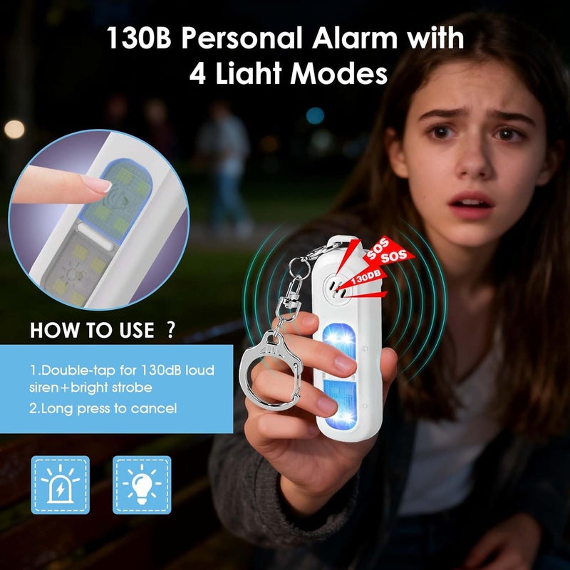 cjc Rechargeable Personal Safety Alarm for Women,130DB Self Defense Keychain Alarms with Strobe Light & LED Flashlight, Bear Alarm Deterrent, Clip-On Emergency Safety Siren for Night Runners Kid, White - Image 4